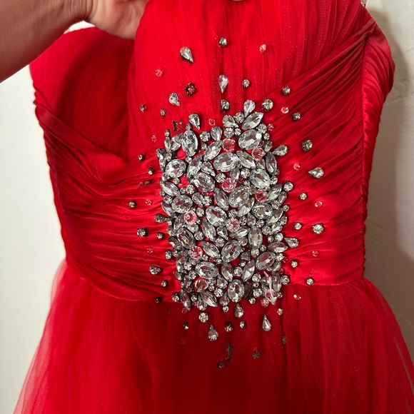 Sherri Hill Red & Silver Tulle Strapless Mini Dress - Picture 5 of 15